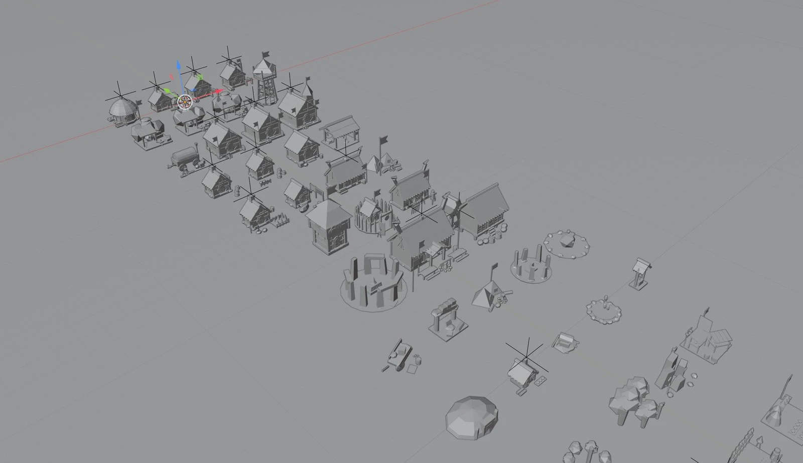 Blender, with the whole FirstFolk kit of buildings laid out in a grid, built by scripts driven through the Blender MCP server