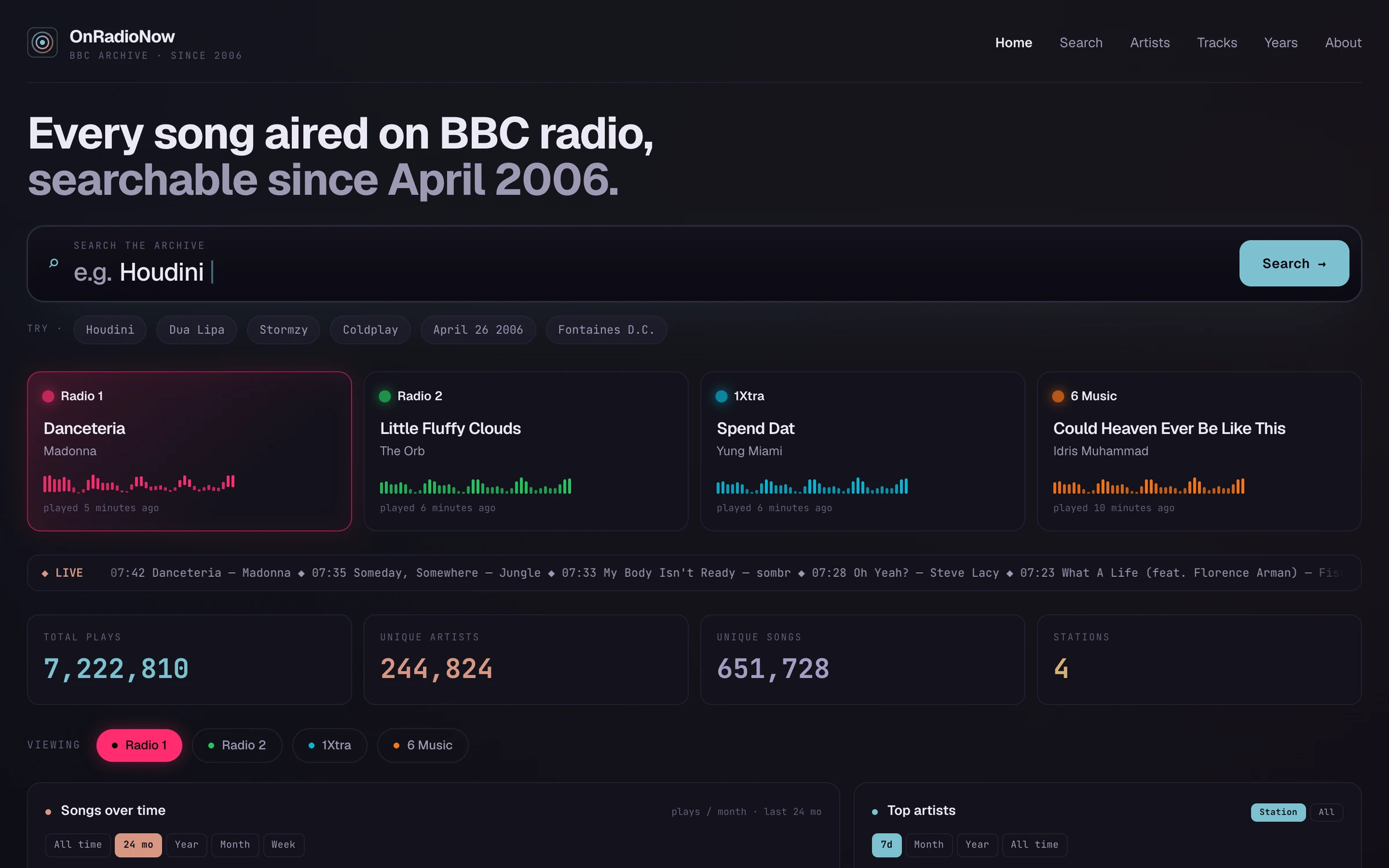 The OnRadioNow homepage, with a search box, the song playing now on each of the four stations, and totals for the archive.