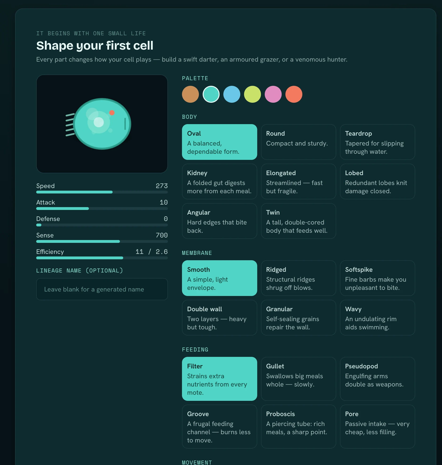 One Small Life's cell editor, "Shape your first cell": a round teal cell beside its speed, attack, defence and sense, with choices of palette, body shape, membrane and feeding.