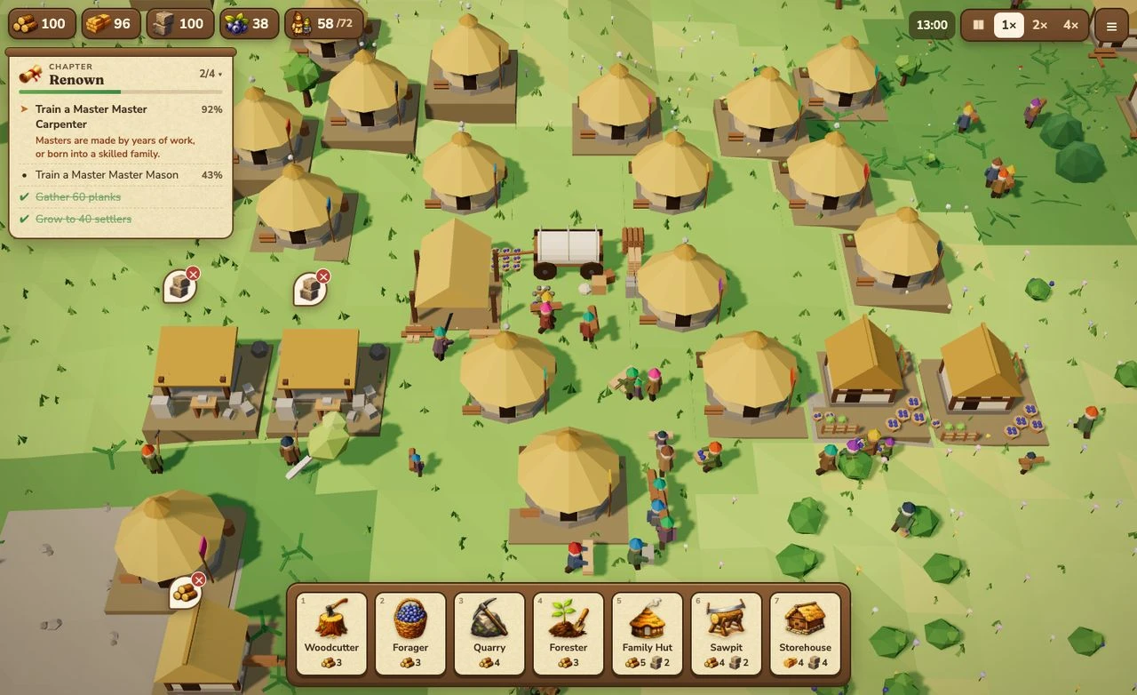 FirstFolk v0.1.0: round thatched huts, a wagon, workshops and a chapter scroll